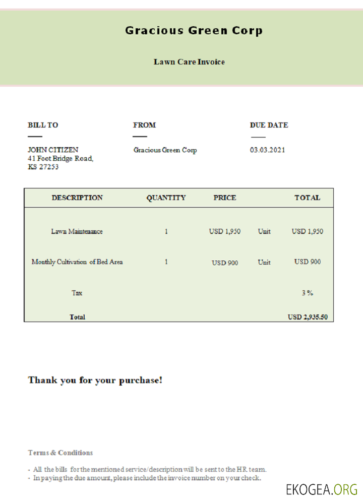 Facture USA Gracious Green Corp